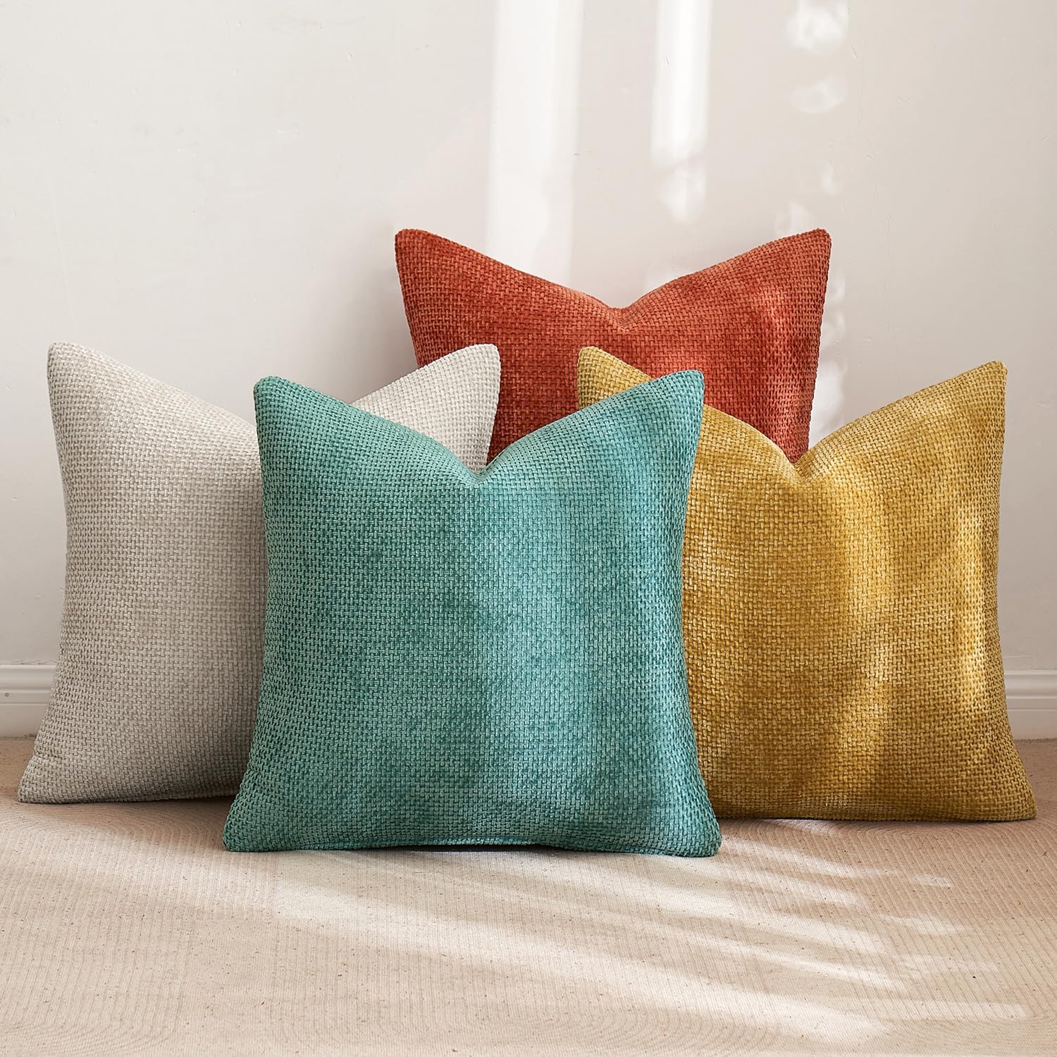 Pack of 4 Size 18x18 MIULEE Pack of 4 Couch Throw Pillow Covers 18x18 Inch Neutral Orange/Teal Soft Decorative Chenille Pillow Covers Farmhouse Accent Cushion Covers for Boho Home Decor Spring Sofa Bedroom Living Room