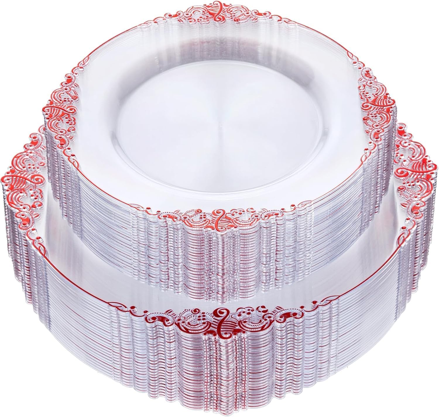 Nervure 100PCS Clear and Red Plastic Plates - Clear Red Disposable Plates Set, 50PCS 10.25" Dinner Plate & 50PCS 7.5" Dessert Plate Perfect for Wedding & Party