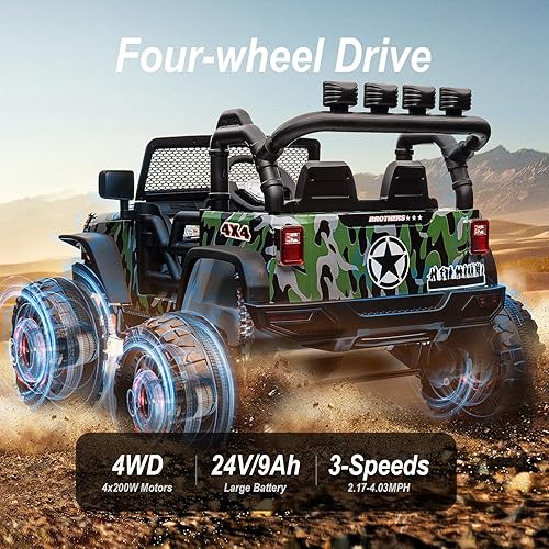 Miniatura 3 de Juguete de paseo de 24 V 9Ah para niños grandes, camión de 2 plazas para niños, vehículo eléctrico con control remoto, camuflaje verde