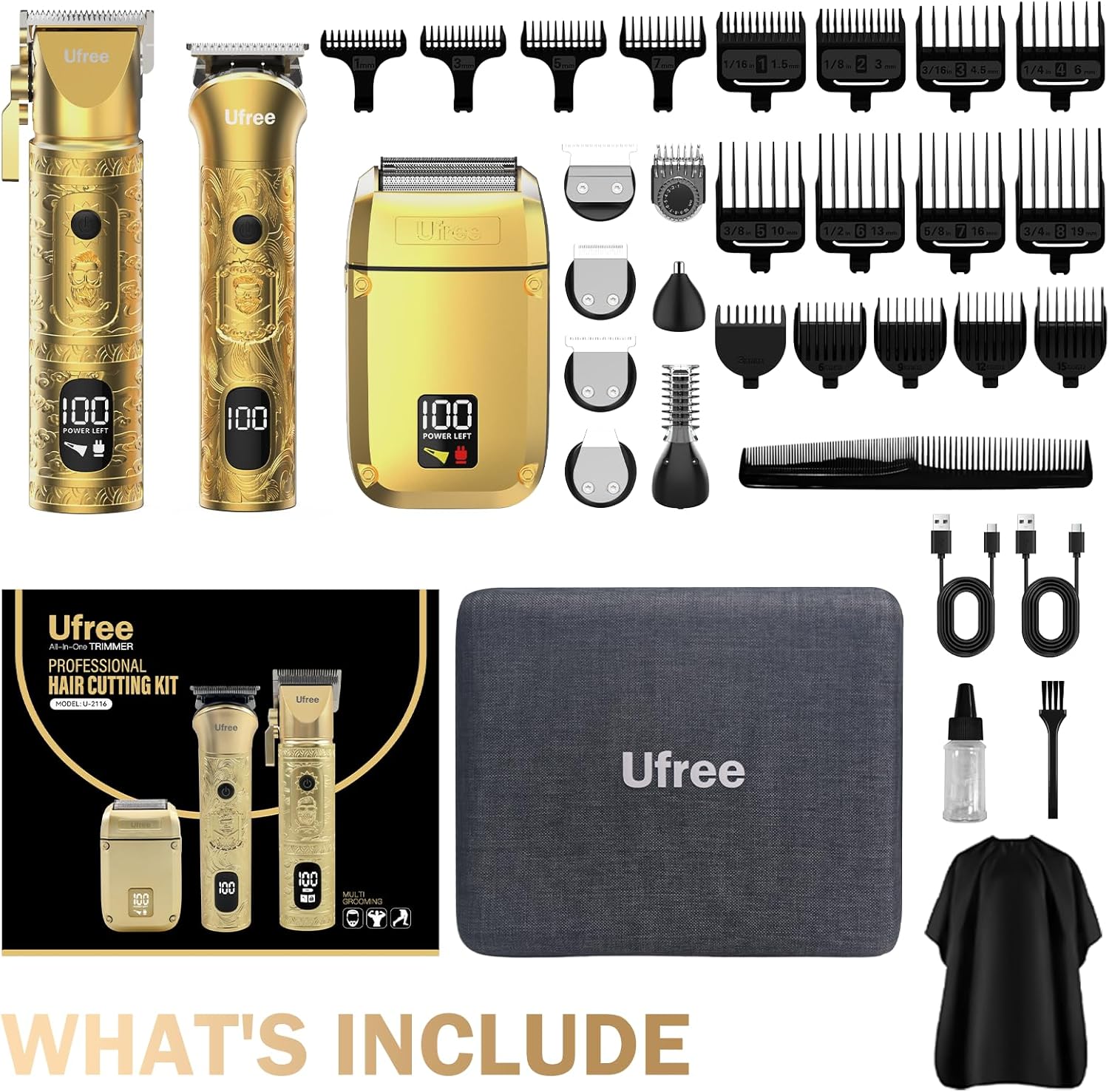 Ufree 8 in 1 Professional Hair Cutting Kit, Hair Clippers for Men, Cordless Clippers and Trimmers Set, Beard Trimmer, Electric Shaver with Rechargeable, Grooming Gifts for Barber & Home Use - Image 8