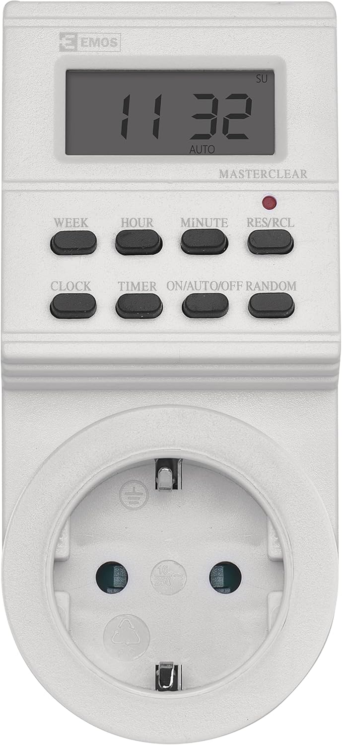 Close-up of EMOS Digital Timer Socket display and buttons