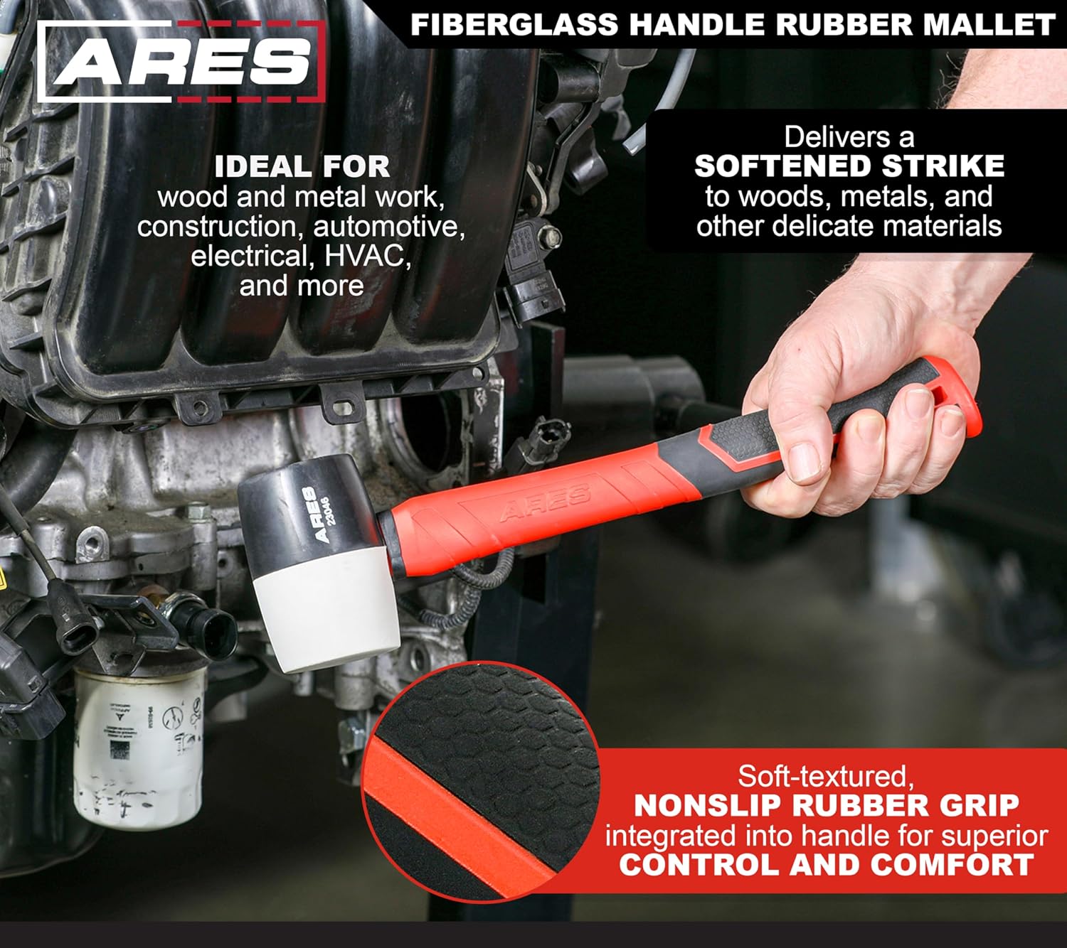 ARES 23059 – 2-Piece Fiberglass Handle Double Faced Soft Mallet Set – Rubber Mallets Deliver Softened Strikes for Delicate Materials - Woodworking, Automotive, and More