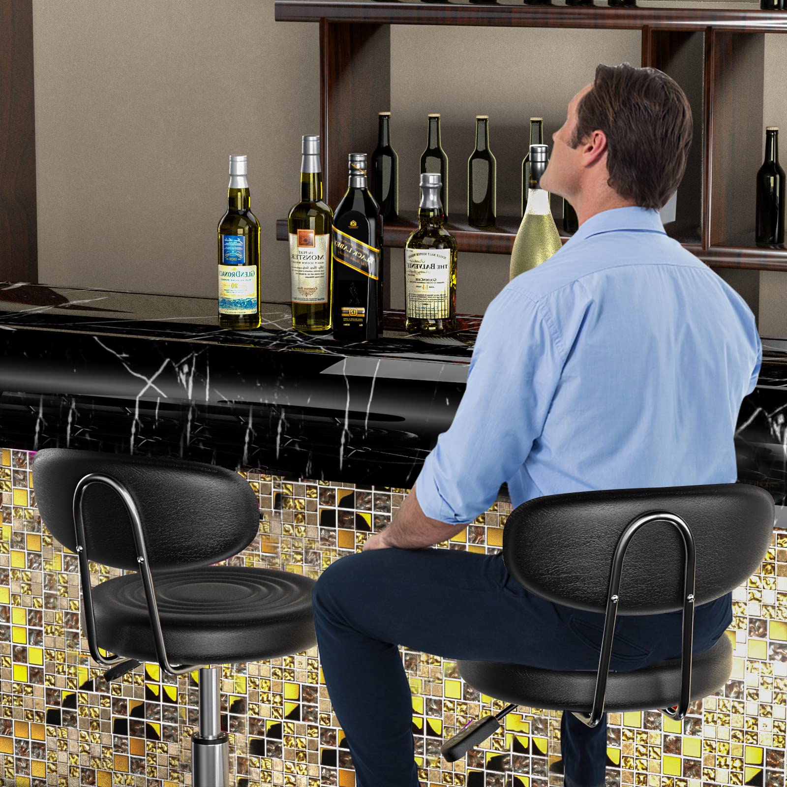 Set di 2 sgabelli da ufficio regolabili in altezza, con poggiapiedi girevole a 360°, ergonomico, altezza seduta regolabile 47-62 cm, con schienale, ruote e funzione di sollevamento, colore