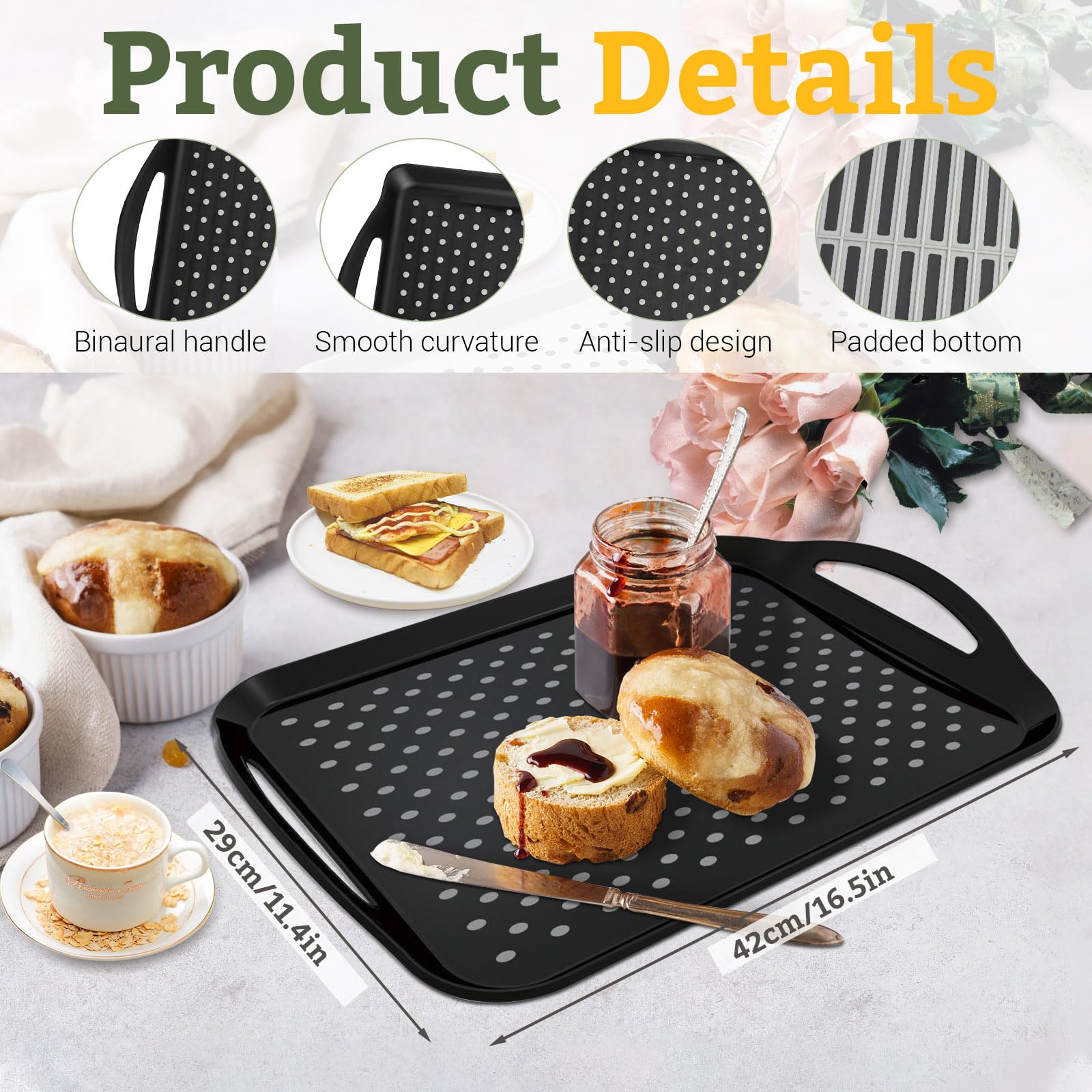 3 x schwarzes Serviertablett, 41,9 x 29 cm, Kunststofftabletts zum Servieren, stapelbare Party-Serviertabletts und -platten, rutschfeste Servierplatten für Partys (schwarz)
