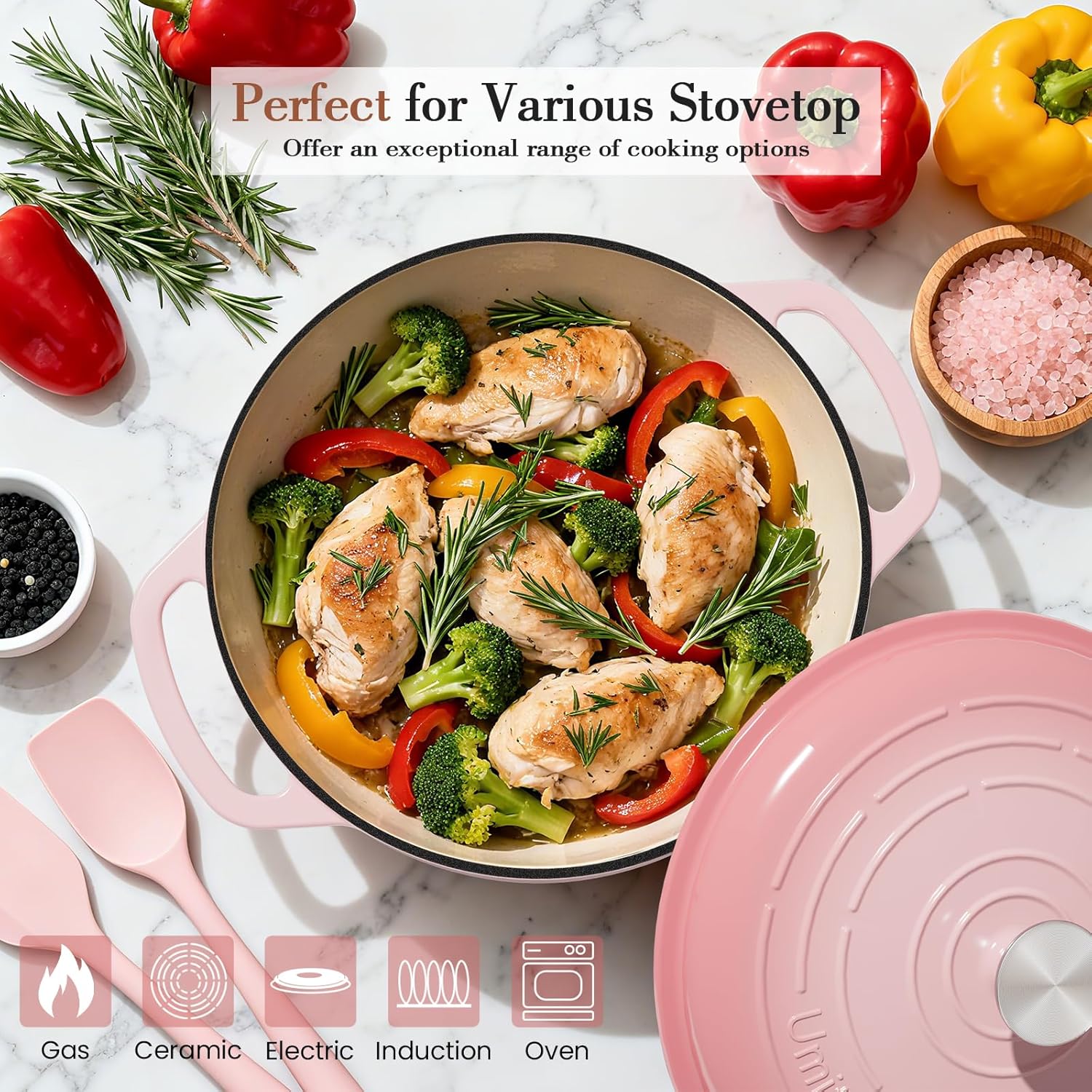 Umite Chef 6QT Enameled Cast Iron Dutch Oven with Lid, Versatile Heavy-Duty Cookware Pot for Baking Bread, Braising, Soups & Stews, Oven & Stovetop Safe with Heat Resistant Gloves(Pink)