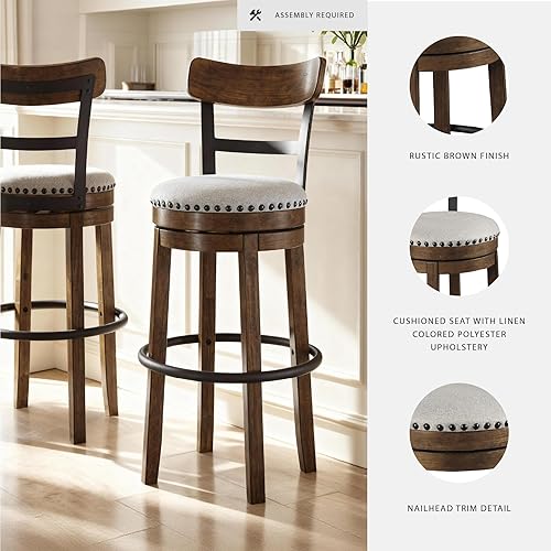 Miniatura 4 de Signature Design by Ashley Valebeck | Taburete de Bar Giratorio de Altura de Pub de 30″ Estilo Granja con Respaldo – Cojín Tapizado, Ribete de