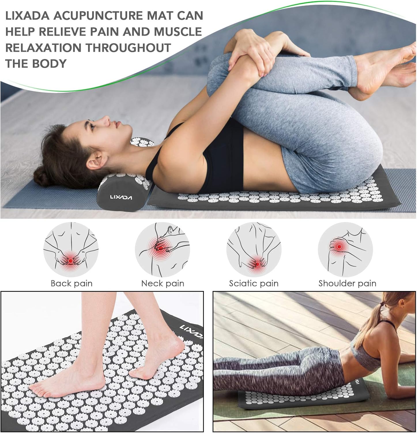 Lixada Acupressure Mat and Pillow Set with 2pcs Spiky Massage Balls for Back/Neck/Feet Pain Relief and Muscle Relaxation with Carry Bag : Health & Household