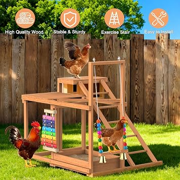 Chicken Coop, Chicken Perches with Swing Toy & Ladder & Platforms & Food Storage, Poultry Coop Cage Accessory Toy Outdoor for Entertainment Backyard Farm