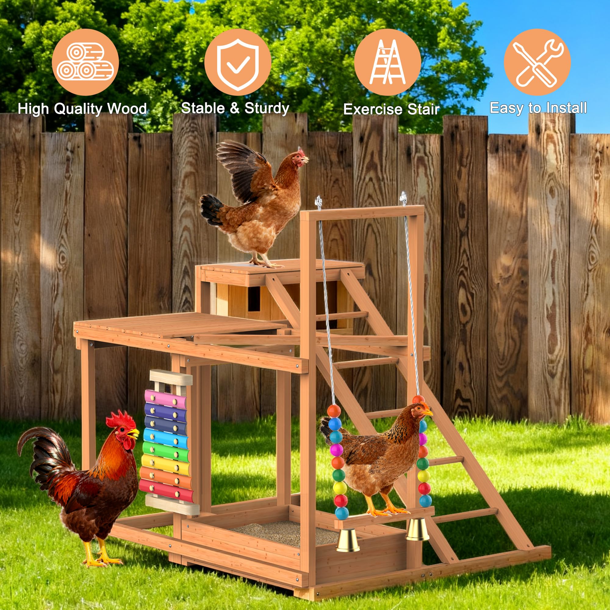 Juego de actividades de pollo, múltiples perchas de pollo con juguete de columpio, accesorio de gallinero de madera con escalera y plataformas y almacenamiento de alimentos, juguete para pájaros al
