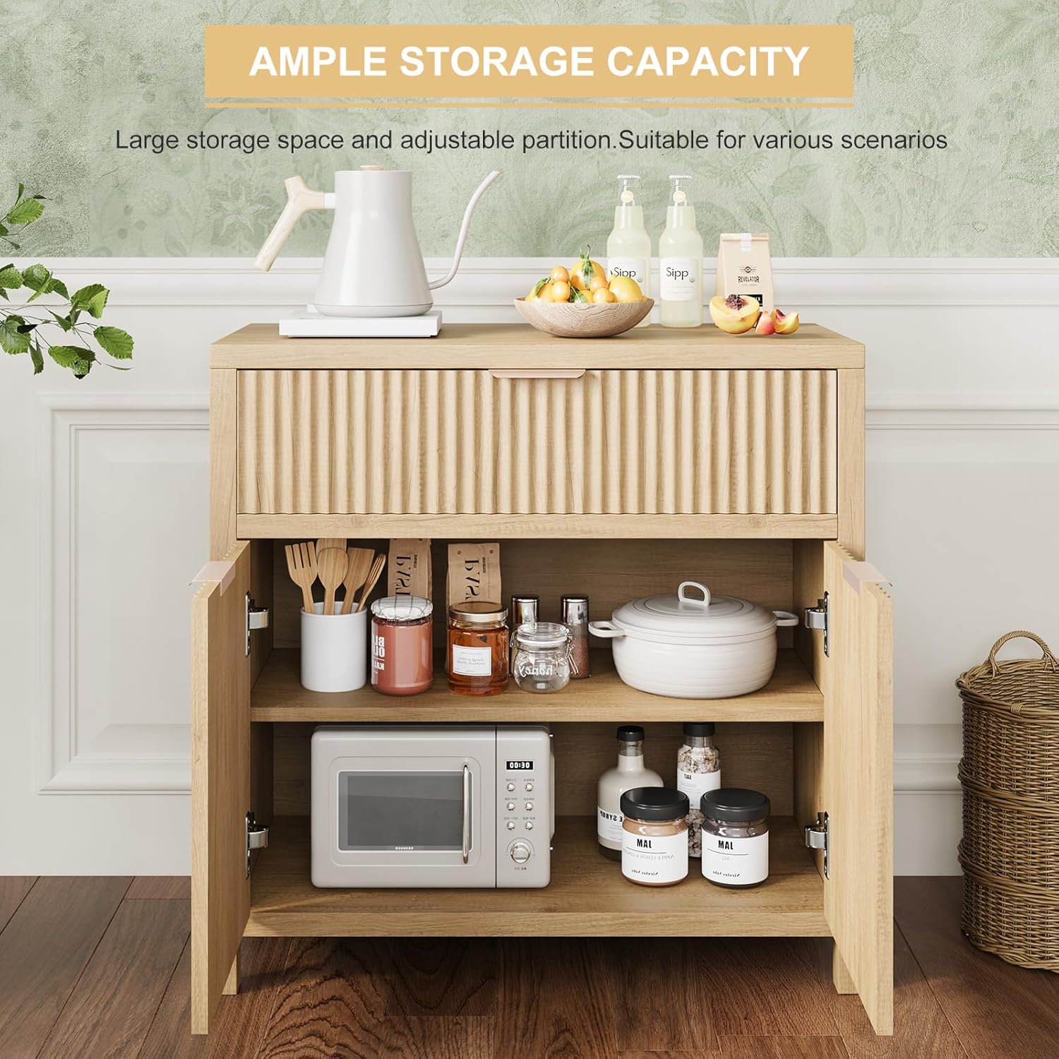 Svimi Fluted Sideboard Storage Cabinet with 2 Doors and 1 Drawer, Entryway Cabinet, Stable Accent Buffet Sideboards for Hallway or Living Room Oak