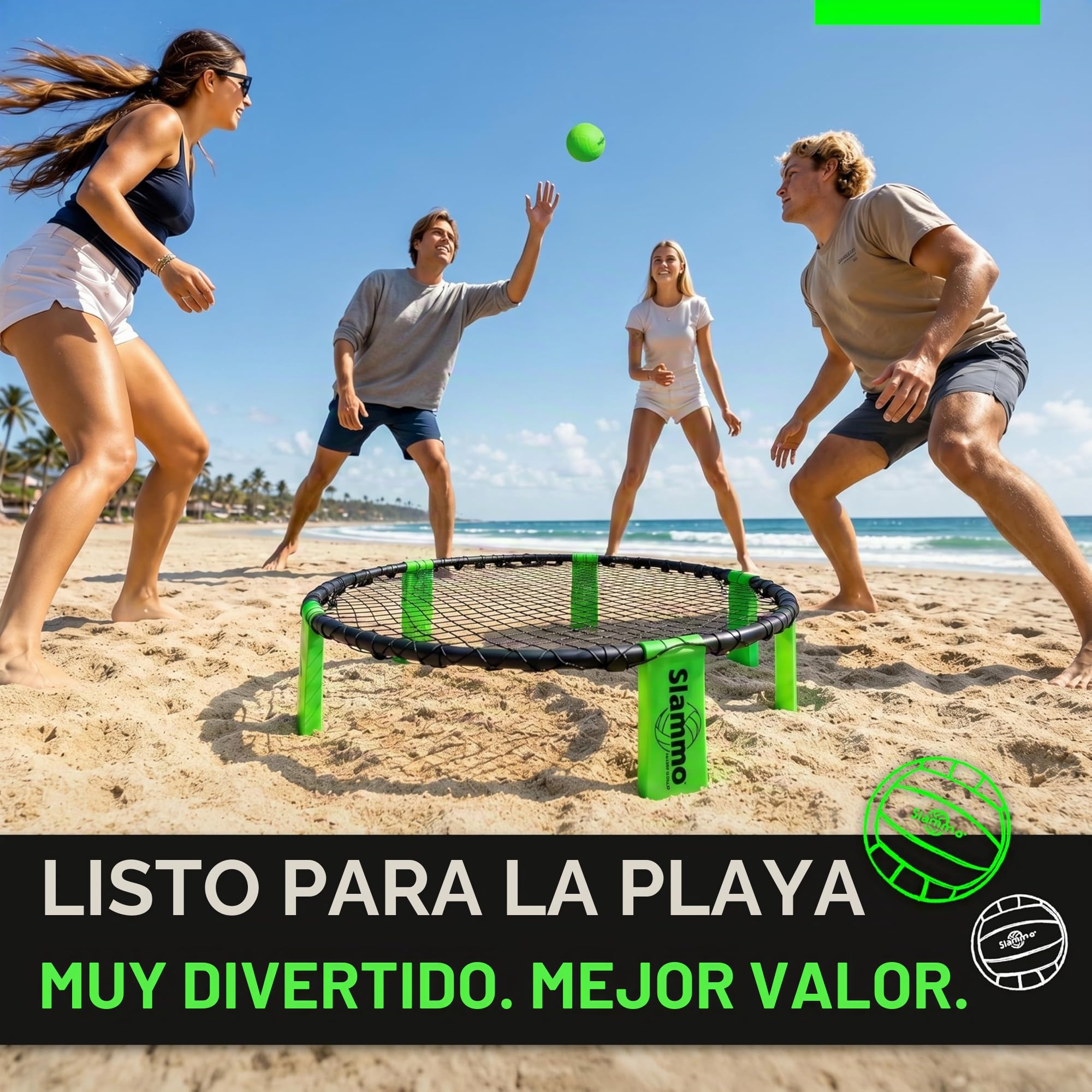 GoSports Slammo Game Set (Incluye 3 Pelotas, Funda de Transporte y Reglas, Idioma español no garantizado) - Juego de Red Redonda para césped al Aire Libre, Playa y portón Trasero