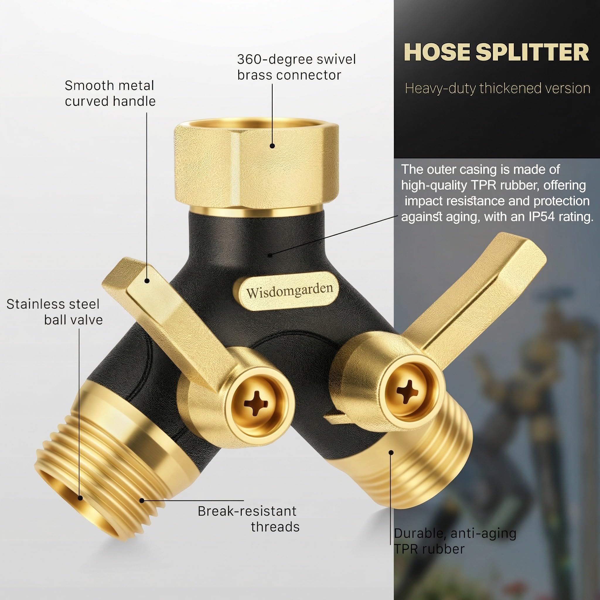 2 Wege Messing Gartenschlauch Verteiler, Y Wasserhahnverteiler mit 2 unabhängigen Ventilen, 1 Zoll Schlauchverteiler für Garten-mit 3/4 Zoll Adapter, Rasenbewässerung und Außenwasserhahn