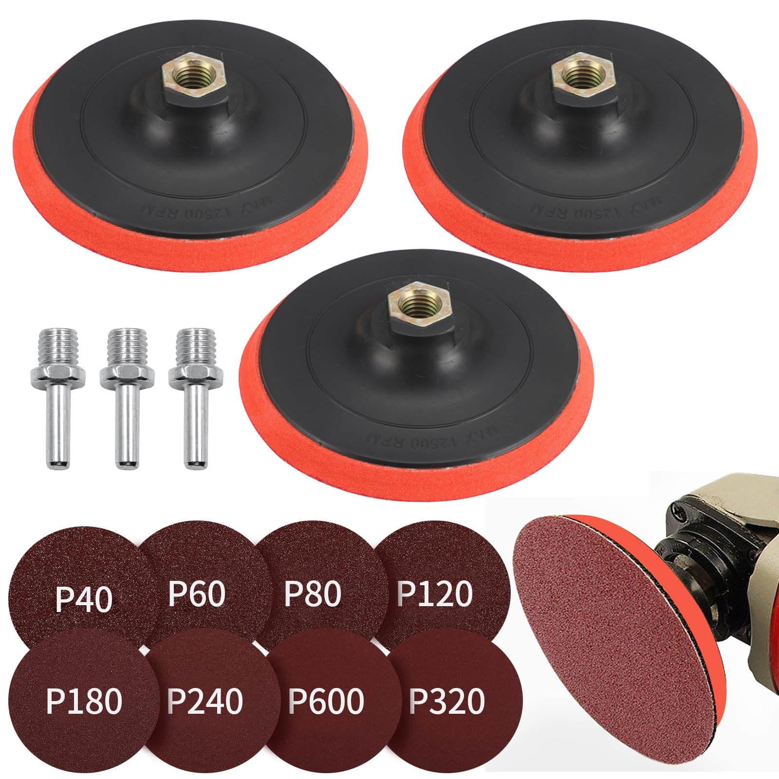 Schleifscheiben Sets winkelschleifer, 3 Stück 125mm Klett Polierteller Innenbohrung 40 Stück Schleifpapier Bohradapter M14 inkl Schaft - Winkelschleifer Zubehör