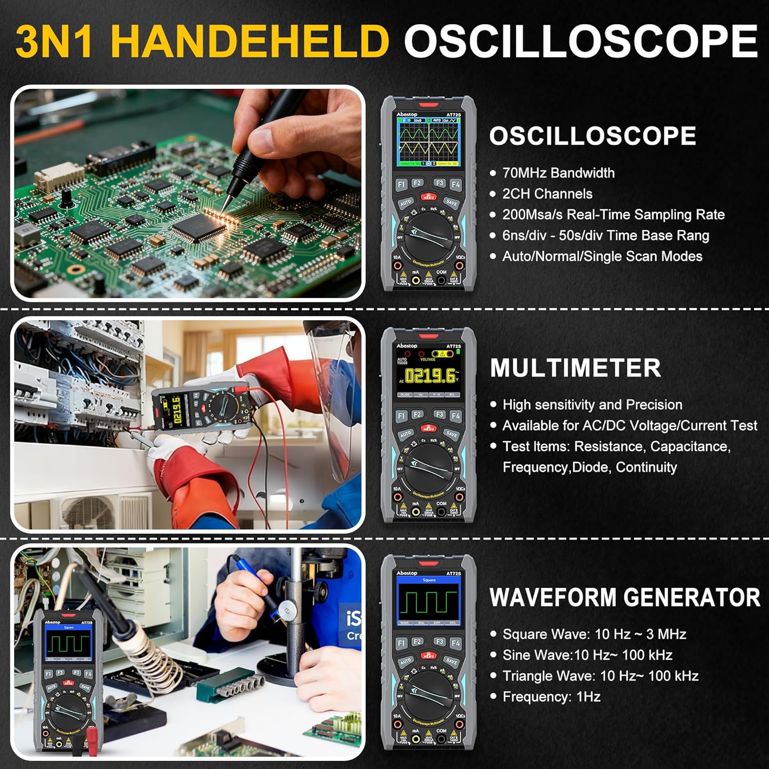 70MHz Bandwdith Digital Oscilloscope Multimeter, Dual Channel AT72S Abestop Oscillograph, 3 in 1 Functions with Digital Multimeter Signal Generator