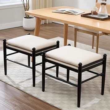 Ottoman Footrest Set of 2, 19 Inch Upholstered Vanity Bench Seat, Backless Makeup Stool with Solid Wood Legs for Dining Room/Bedroom/Living Room/Entryway,Black Frame, White Linen