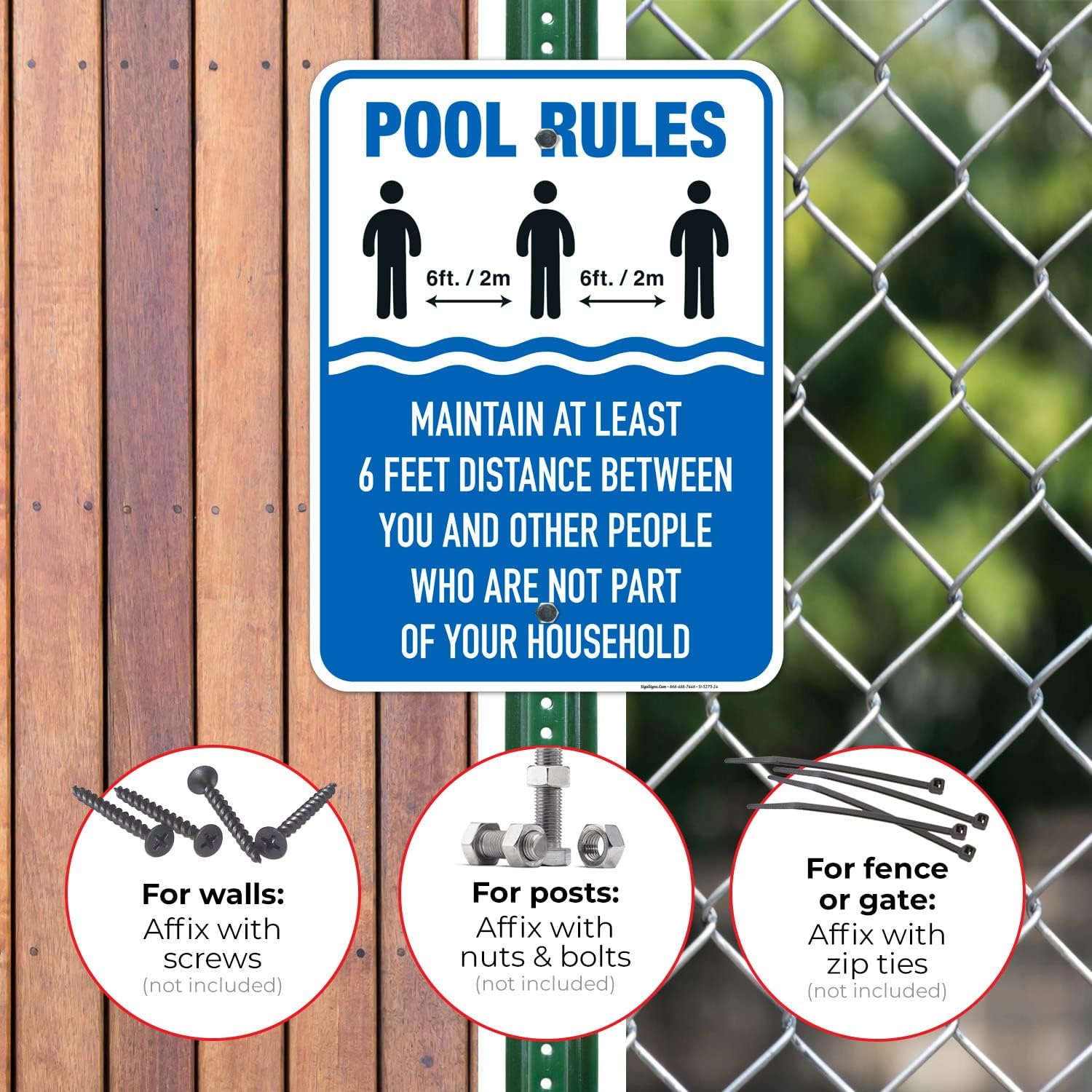 Social Distancing Pool Rules Sign, Maintain at Least 6 Feet Distance, 18x24 Inches, Rust Free .063 Aluminum, Fade Resistant, Easy Mounting, Indoor/Outdoor Use, Made in USA