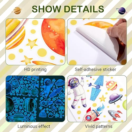 Miniatura 28 de Calcomanías de pared que brillan en la oscuridad, estrellas y planetas para techo, calcomanías de pared del sistema solar que brillan