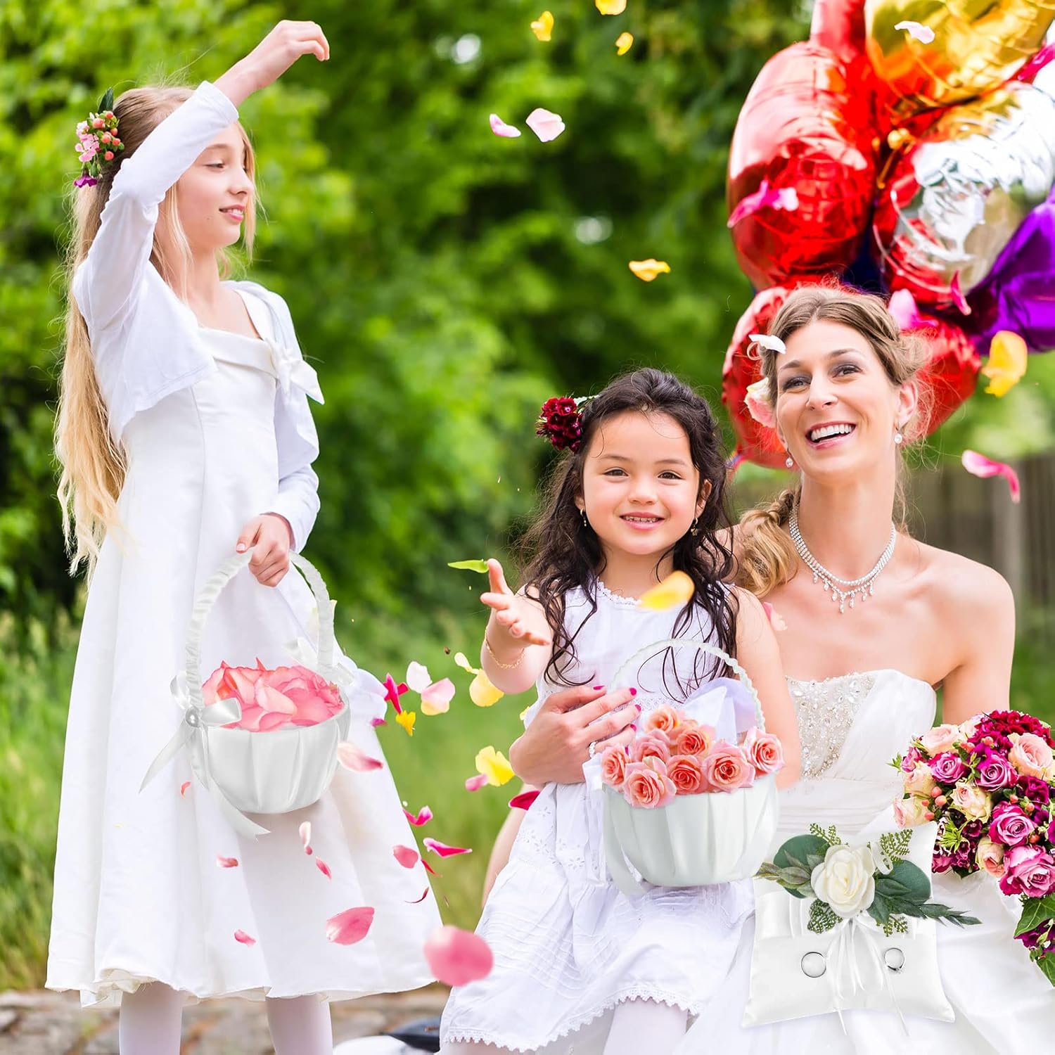 2 Flower Girl Baskets and Ring Bearer Pillow Set, White Satin Bowknot Flower Baskets Pearl Collection Flower Girl Baskets and Ring Pillow for Weddings