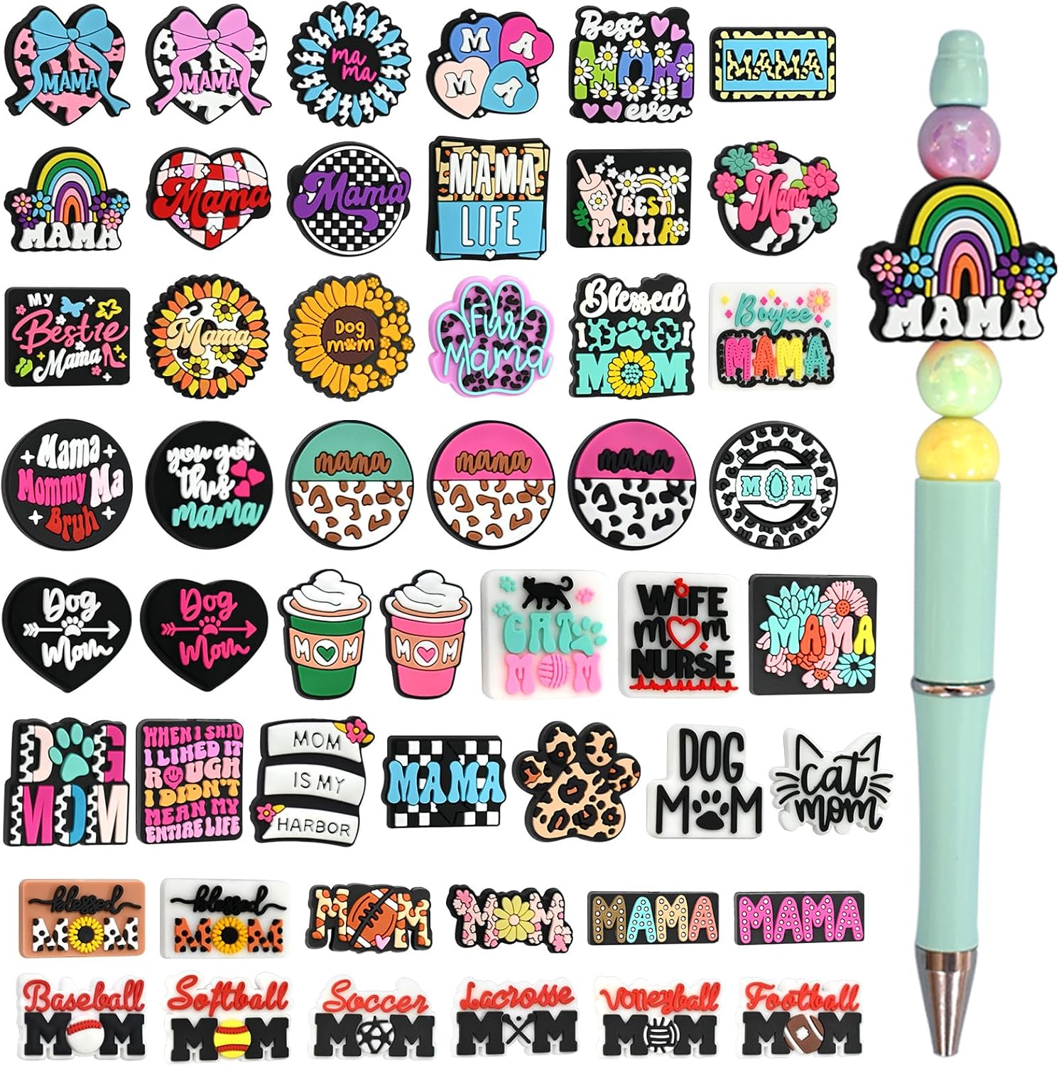 50Pcs Mama Silicone Focal Beads Bulk for Pens Mom Club Silicone Beads Focal for Beaded Pen Keychain Making