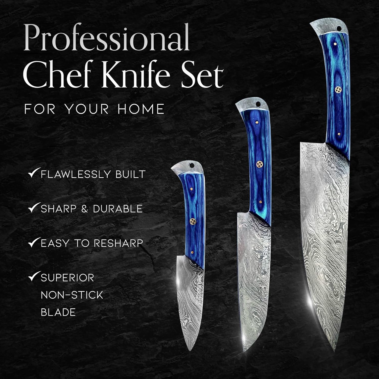 3-Piece Knives Set for Kitchen, Damascus Chef Knife Set With Professional Chef Knife, Santoku Knife, & Paring Knife, Traditional Kitchen Knifes With Blue Pakkawood Handles, Gifts for Chefs