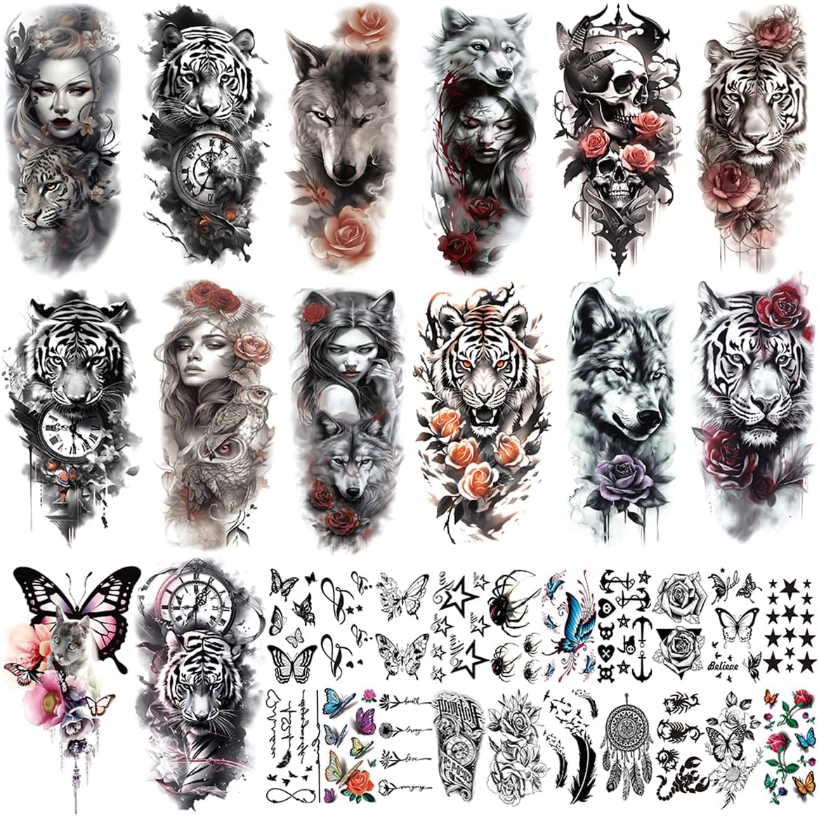 Temporary Tattoo for Men Women 34 Sheets Large Arm Band Tattoo Sticker, 3D Realistic Armband Tattoo, Body Half Sleeve Hand Tattoo for Women, Assorted Lion Wolf Tiger Skull Fake Tattoos