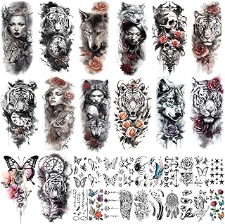 MAYCREATE® Temporary Tattoo for Men Women 34 Sheets Large Arm Band Tattoo Sticker, 3D Realistic Armband Tattoo, Body Half Sleeve Hand Tattoo for Women, Assorted Lion Wolf Tiger Skull Fake Tattoos