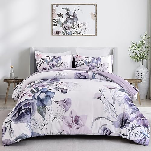 Drucon Juego de edredón floral tamaño King, 3 piezas con estampado floral morado sobre blanco, juego de ropa de cama de microfibra suave para todas