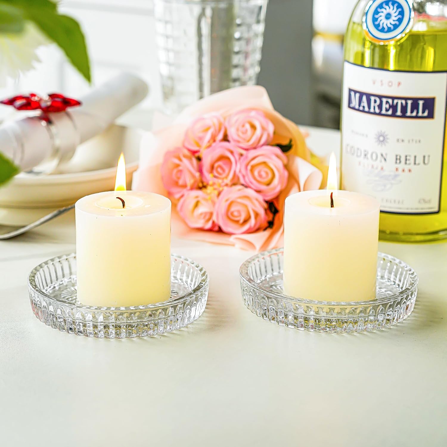 Set of 2 Glass Candle Holder Plates, 3.7'' Round Clear Pillar Candle Holder