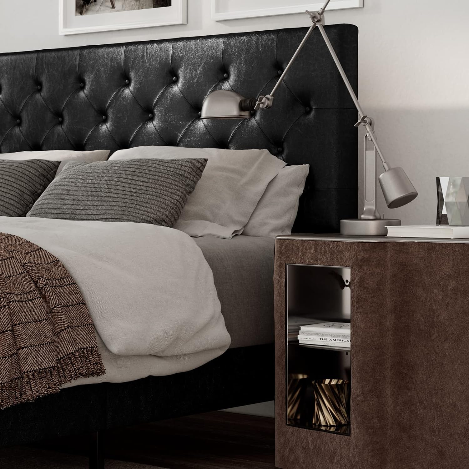 IMUsee Queen Size Faux Leather Upholstered Platform Bed Frame with Adjustable Button Tufted Headboard, Wooden Slats, and Cross Metal Rails Support, No Box Spring Needed, Easy Assembly, Black