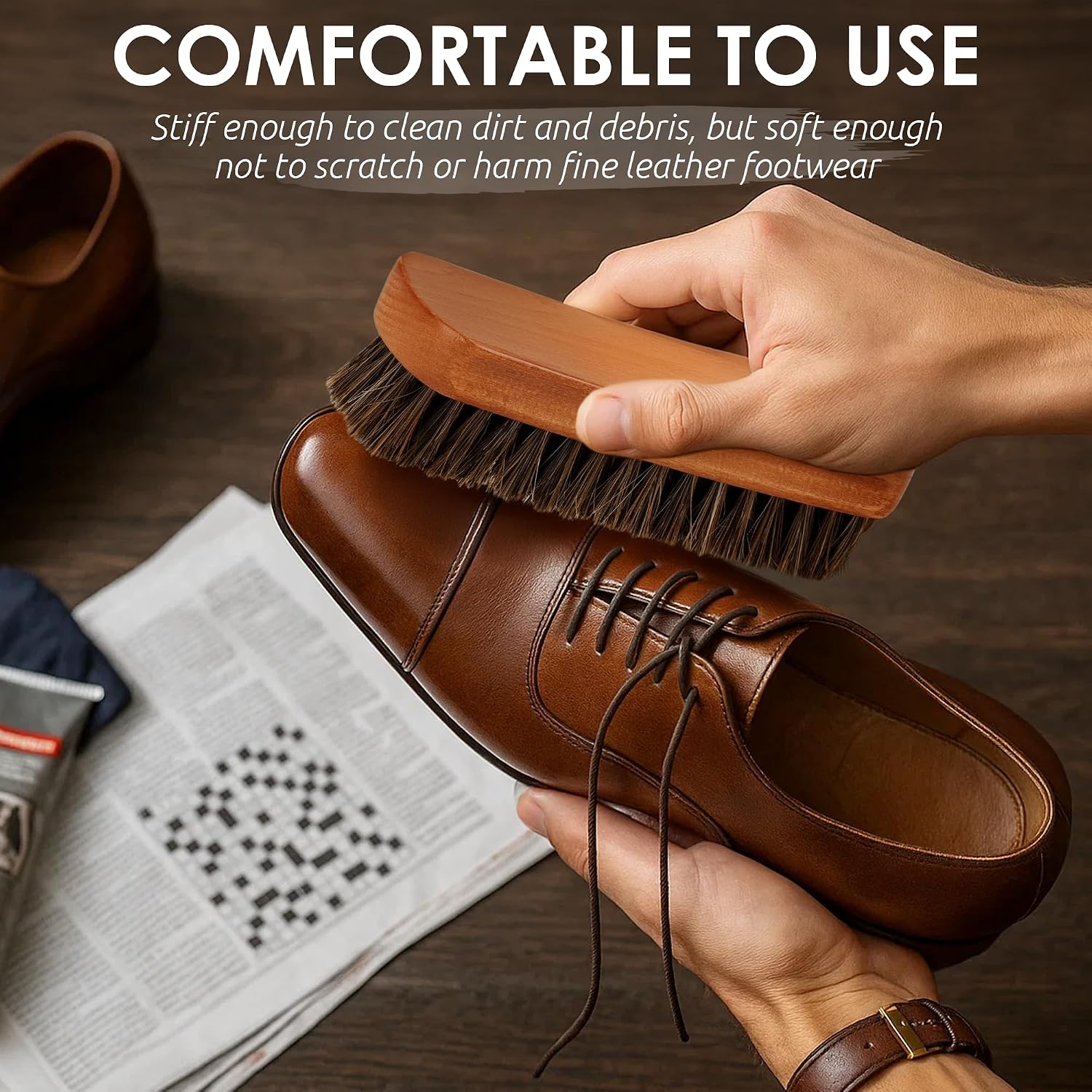 TAKAVU Shoe Brush 100% Genuine Horse Hair, Won't Scratch Leather (1 Piece) | Horsehair Shoe Shine, Buff & Polish Brush for Boots, Dress Shoes, Bags, Belts & Furniture, Concave Wood Handle