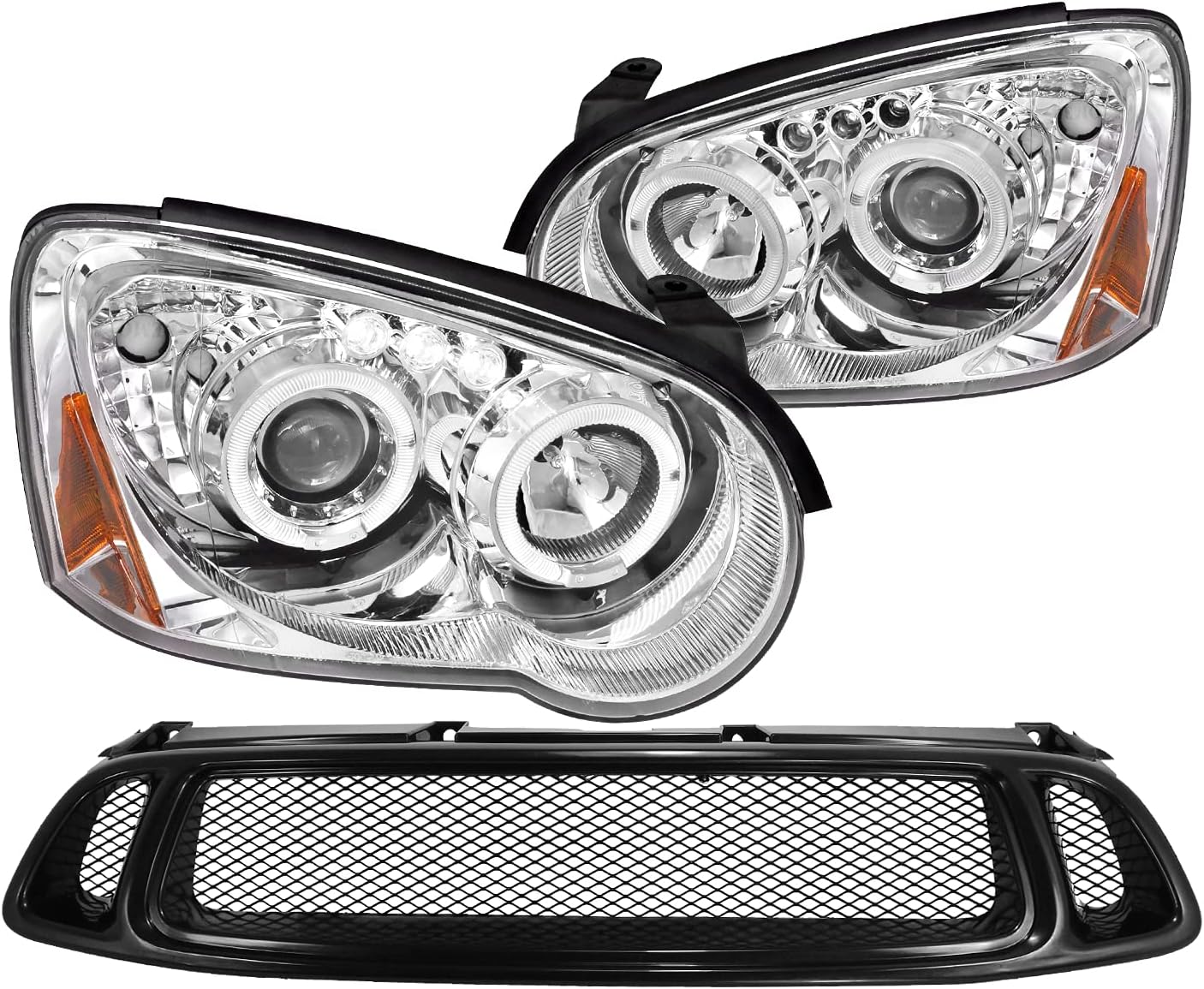 SPEC-D TUNING Halo LED Projector Headlights + Mesh Hood Grille Compatible with 2004-2005 Subaru Impreza Wrx Left + Right Pair Headlamps Assembly