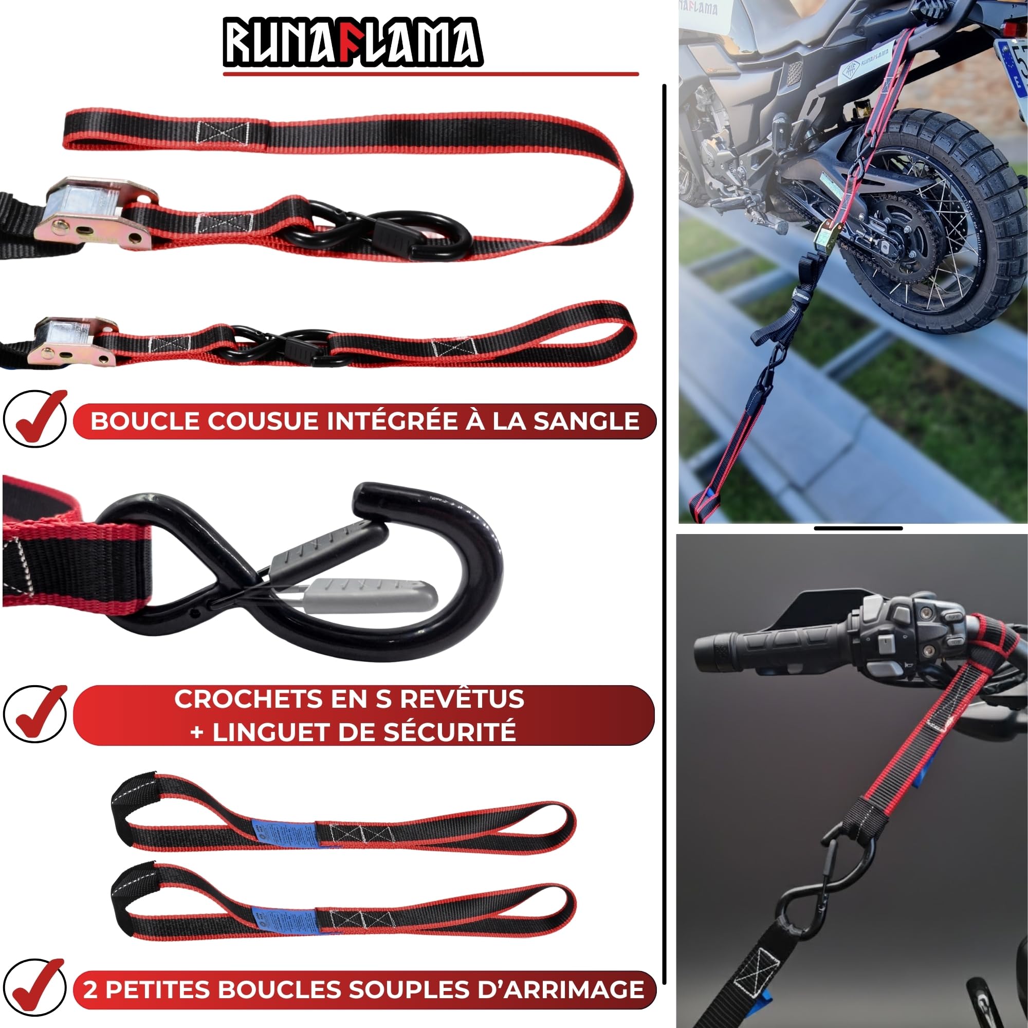 Sangle Moto Remorque Crochets En S - Sangles D'arrimage Moto Guidon, Châssis, Anneaux - 550 kgf Rupture + 2 Petites Boucles Souples 30cm + 2 Bandes Auto-agrippantes + Sac - Lot de 2 x 1,9m