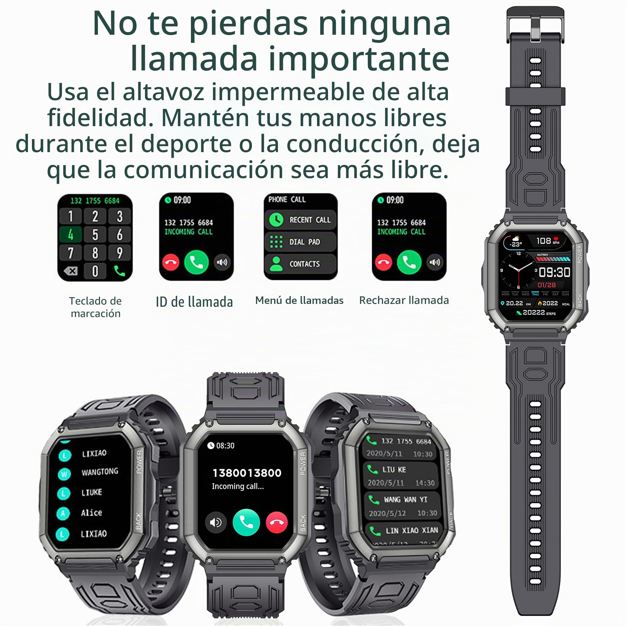 Reloj Inteligente Hombre con Llamadas, 1,8” AMOLED 5ATM Smartwatch Deportivo con Podometro Pulsometro SpO2 Sueño Presion Arterial Pulsera Actividad 5ATM Reloj para iOS Android, 3 Correas (Negro)