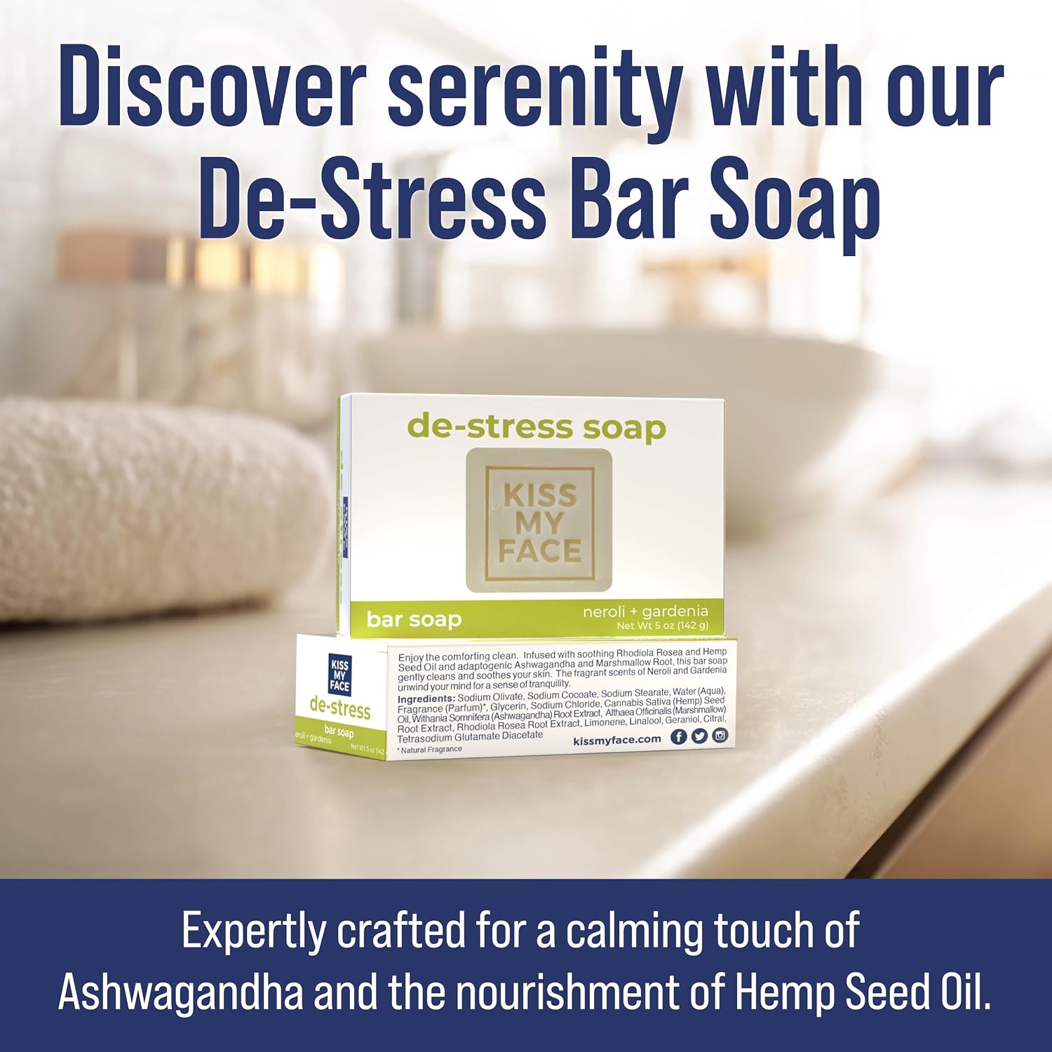 Kiss My Face De-Stress Bar Soap - Neroli + Gardenia - Vegan Soap Bar with Hemp Seed Oil - Cruelty Free and Palm Oil Free Bath Soap (Neroli + Gardenia, Pack of 1)