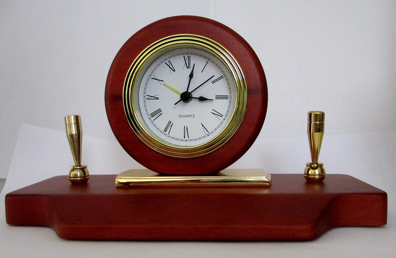 Quartz Clock and Metal Pen Set, High Gloss Rosewood Finish, Brass Plate