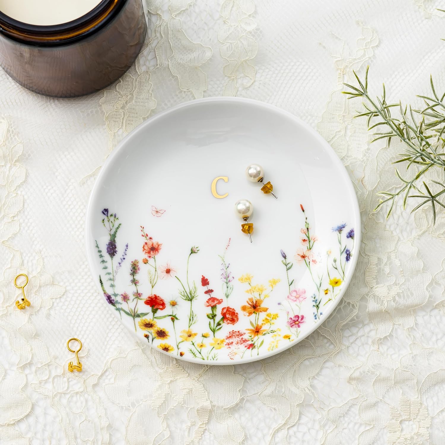 Crisky Initial Jewelry Tray Ring Dish & Gift Box, Ceramic Flower Trinket Dish for Rings Earrings Necklaces Keys, Bridal Shower Engagement Birthday Gift for Women, Friends 4.57" (Gold Foil C