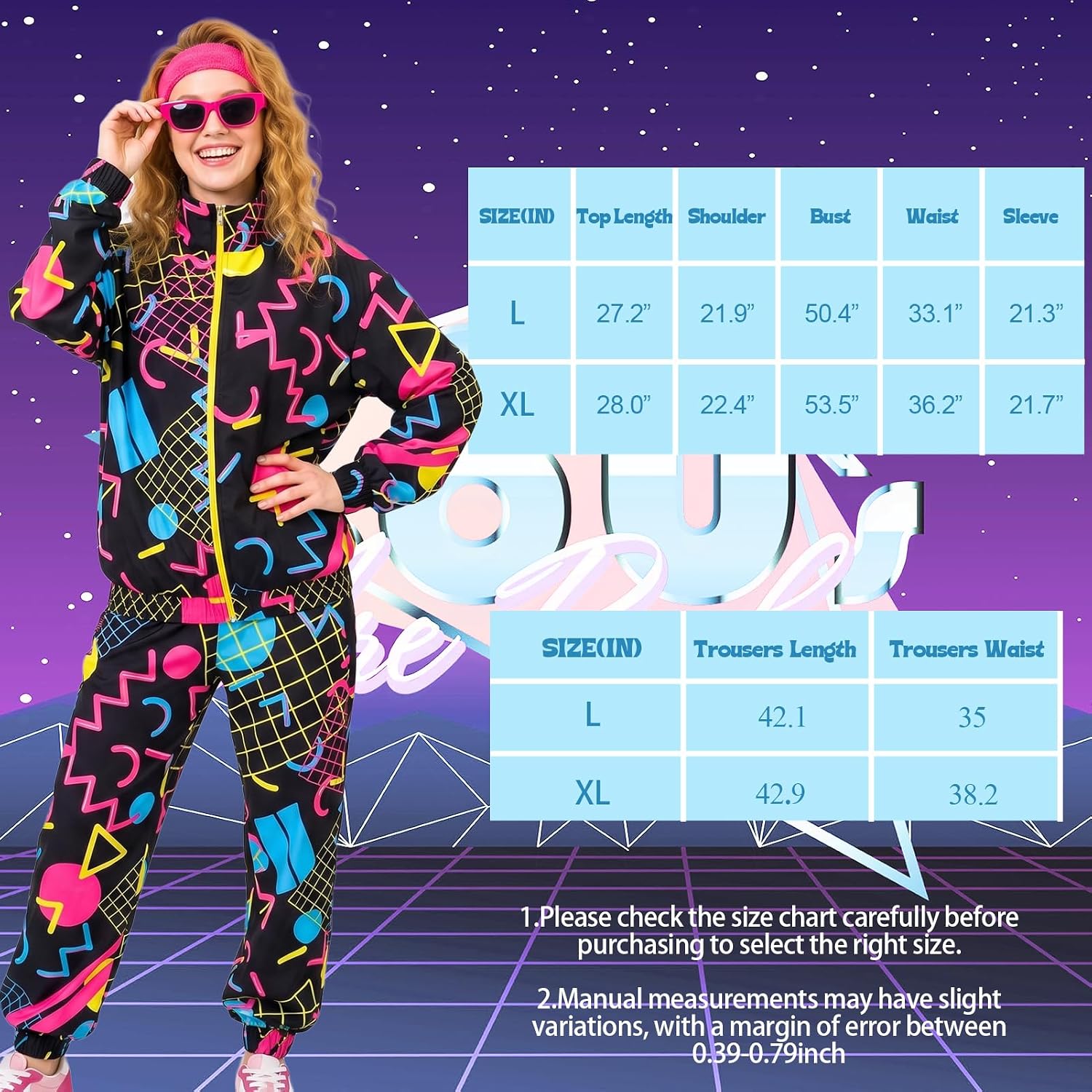 80s 90s Outfit for Women Tracksuit Costume Accessories Set | Color Block 3D Digital Printed Long Sleeve Windbreaker Sportswear Set with Jacket Sweatpants