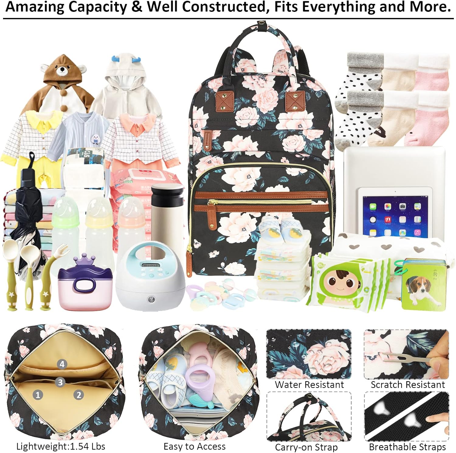 Diaper Bag Backpack for Women Large Capacity with Insulated Pockets Multifunctional Diaper Bags For Baby Girl Boy Waterproof Baby Bags For Mama Maternity Travel Bag Black