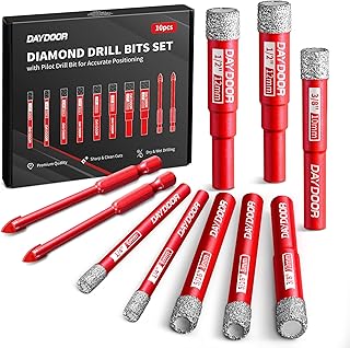 DAYDOOR Diamond Drill Bits Set,10-Piece Tile Drill Bits Set for Porcelain Ceramic Granite Marble Stone Glass,1/4" 5/16" 3/8" 1/2" Ceramic Drill Bit,Masonry Drill Bit, Built-in Cooling Wax, Round Shank
