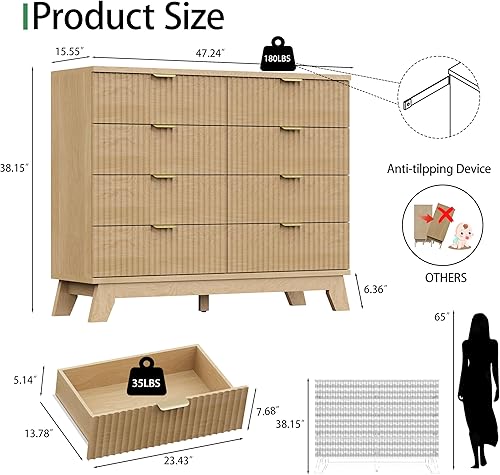 Vista 2 de Cómoda acanalada para dormitorio con 8 cajones, cómoda moderna de 48 pulgadas de ancho con manijas de metal, cómoda de madera que funciona como