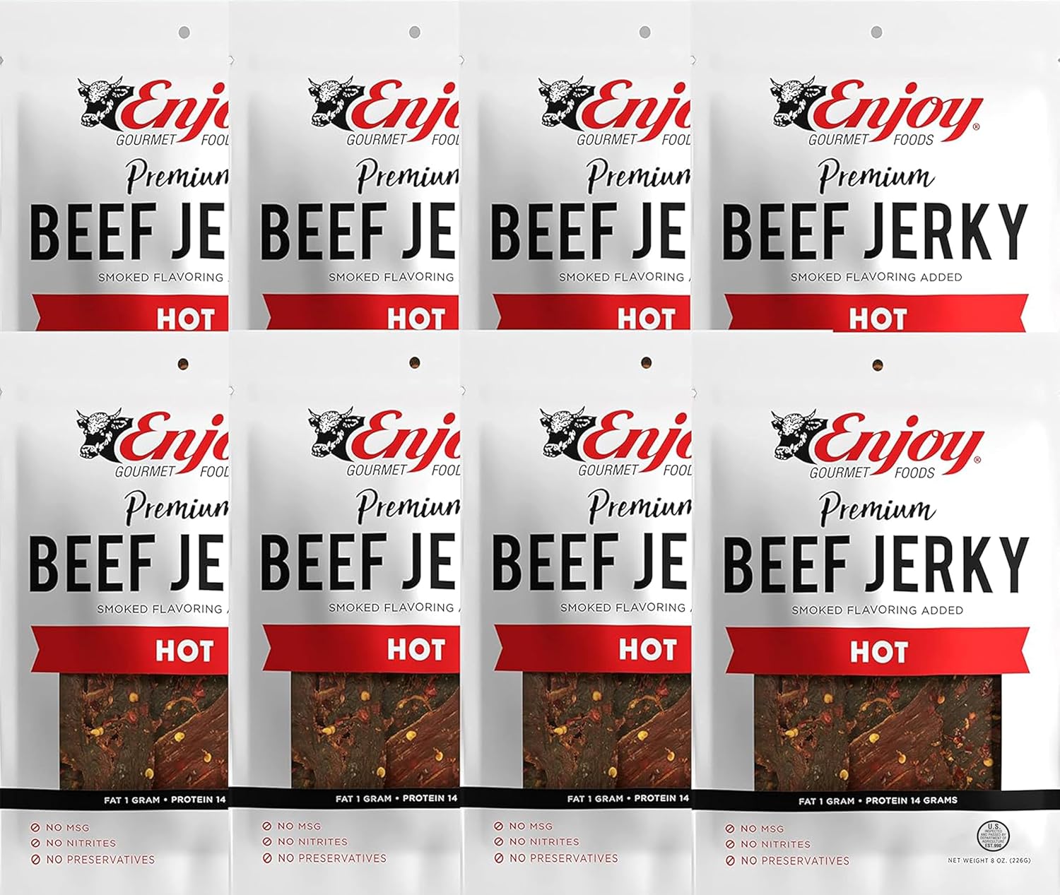 Enjoy Hot Beef Jerky 8 oz (Pack of 8) | Traditional Style | High Protein | Low Fat | Zero Trans Fat | No Preservatives | No MSG | No Nitrites | Resealable Bags