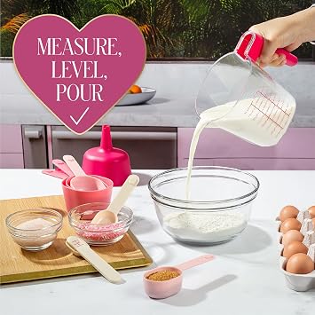 Paris Hilton 9-Piece Measuring Set, Durable Plastic Measuring Cups and Spoons With Funnel and Leveler, Dishwasher Safe, Pink