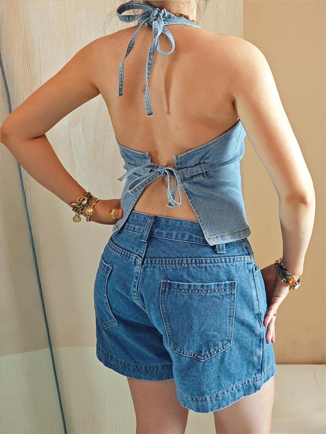 Miqil Women Sleeveless Denim Halter Top Backless Halter Neck Button Down Crop Denim Vest V Neck Back Tie Jean Vest - Image 5