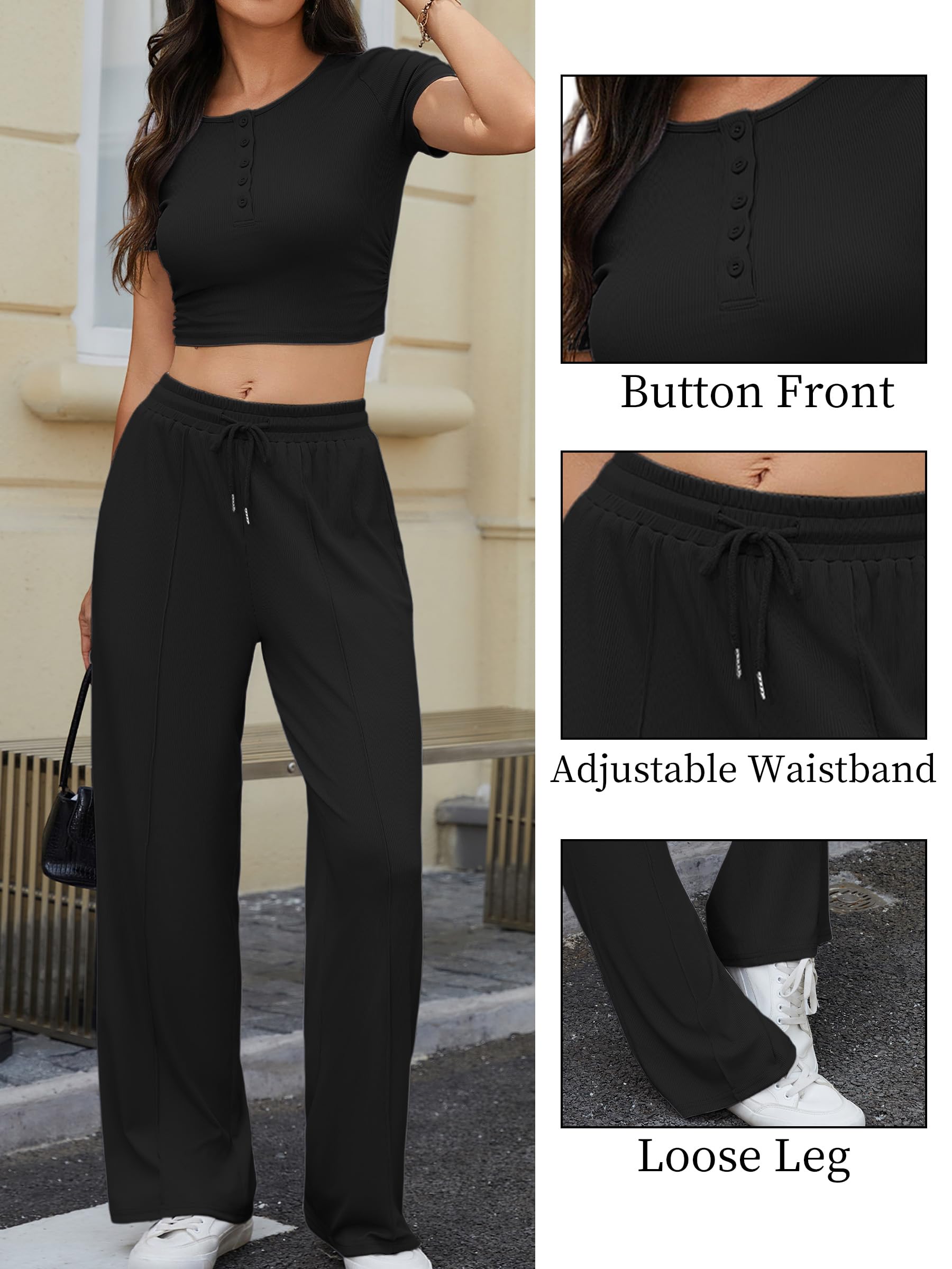 JFAN Ensemble Femme 2 Pièces Casual de Sport Slim Fit Short Sleeve Top et Cordon Pantalon avec Poches Loungewear Chic Outfit Été Automne Survêtement Suit