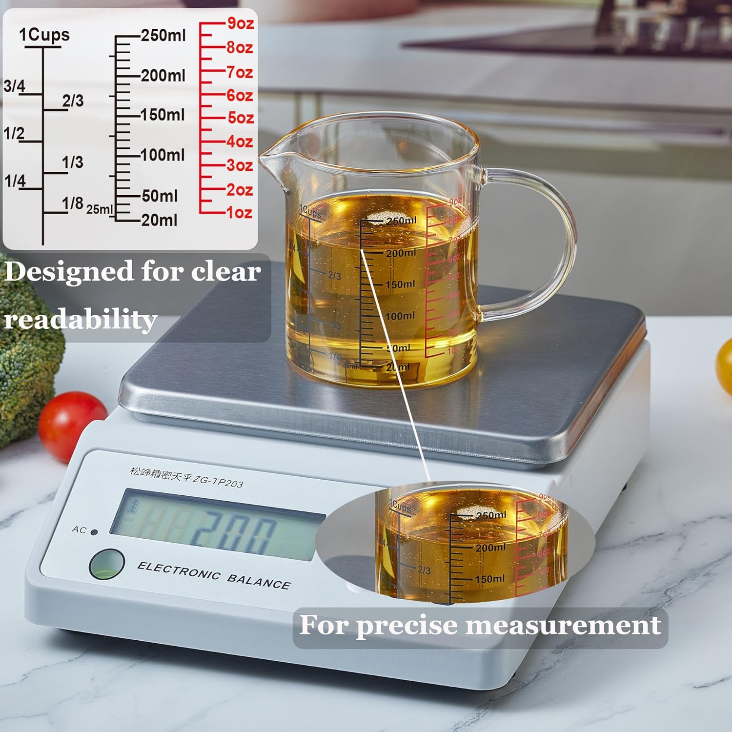 Ackers BORO3.3 Glass Measuring Cup-[Insulated handle | V-Shaped Spout]-Made of High Borosilicate Glass Measuring Cup for Kitchen or Restaurant, Easy to Read, 250 ML (8 Oz, 1 Cup)