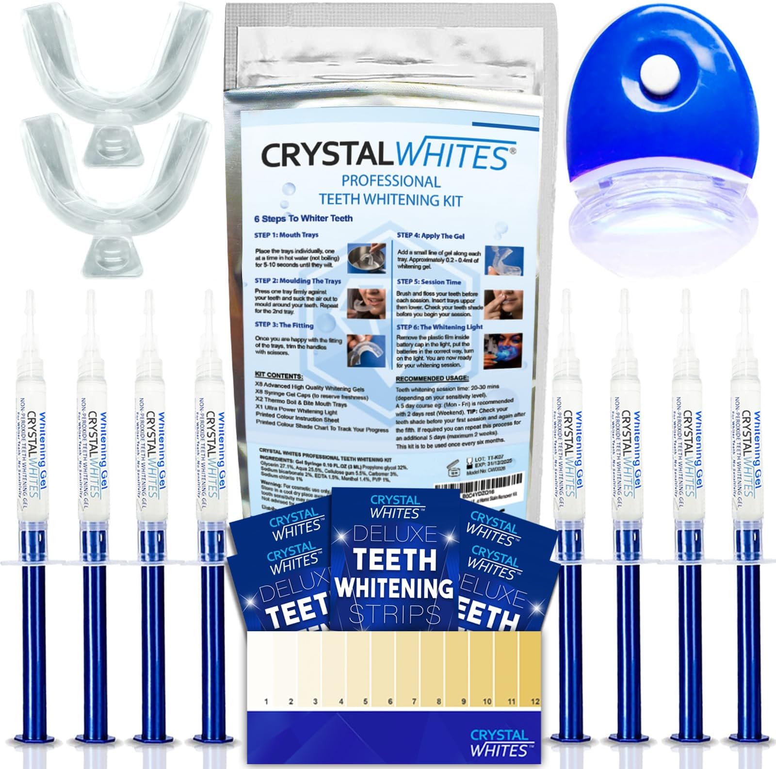 Teeth Whitening Kit & Strips + LED Light Activator | 50 Sessions | 8X3ml Gels | Crystal Strips | UK Approved Formula | Safe On Teeth & Gums | Home Stain Remover Dental Kit