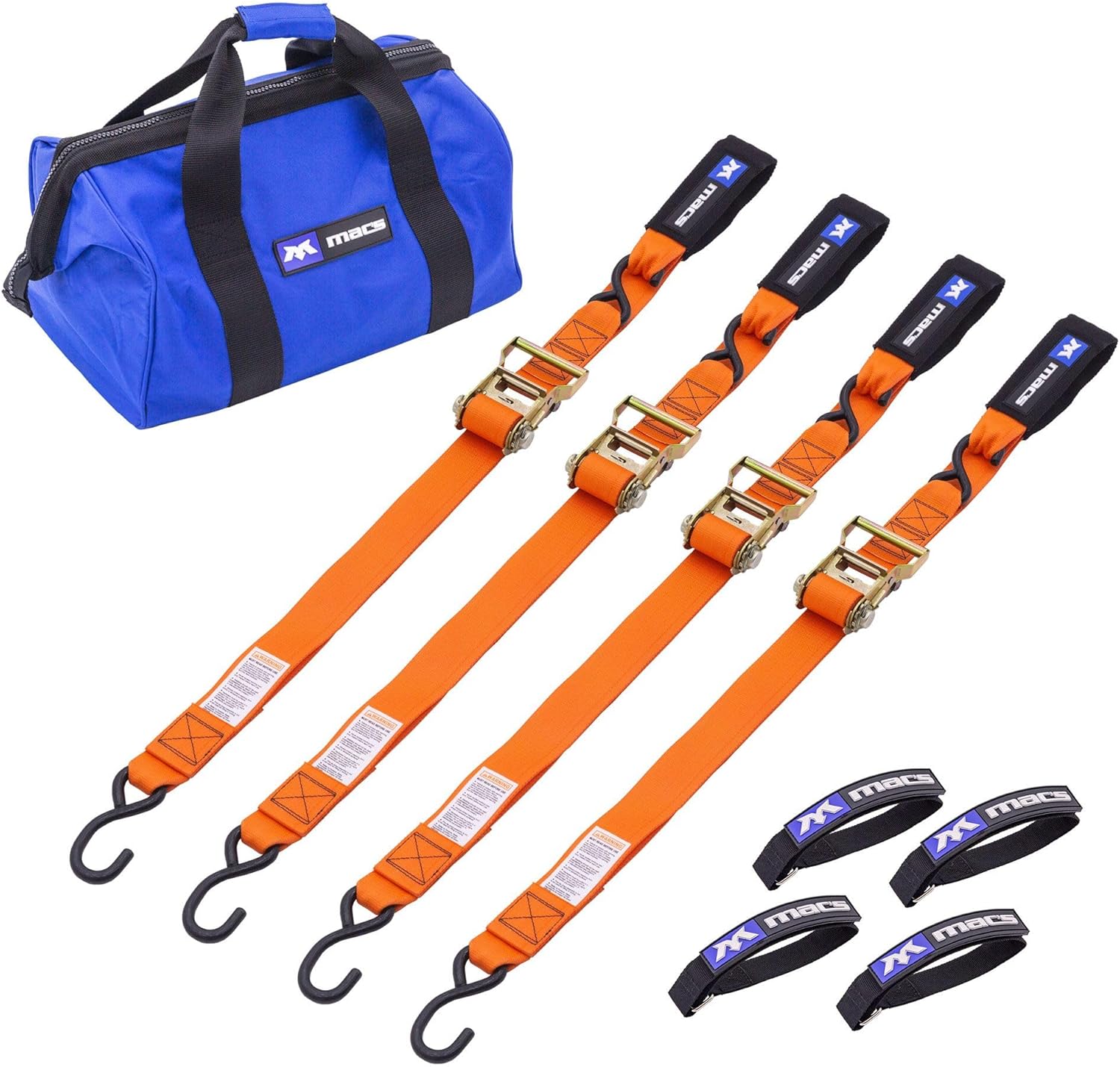 Mac’s 2" x 6' Motorcycle Ratchet Strap Kit, 4 Tie-Downs with S-Hooks, Integrated Soft Loops, Strap Wraps & Canvas Storage Bag - 10,000 lb Break Strength - Orange