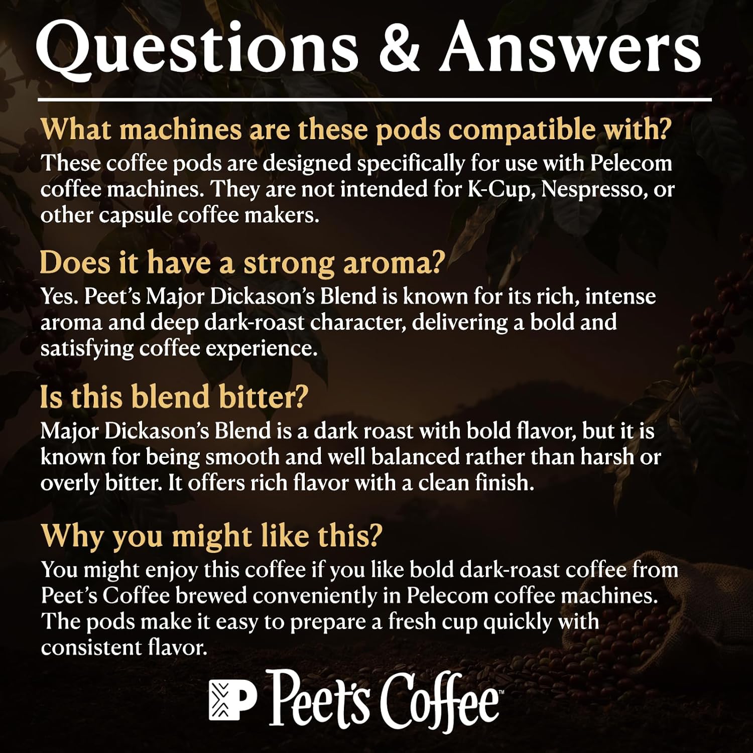 Peet’s Major Dickason’s Coffee Pods – 32 Count (2 Packs of 16) – Dark Roast with Bold, Rich Flavor and Smooth Finish – Compatible with Pelecom Coffee Machines – Peet’s Coffee Pods & Capsules