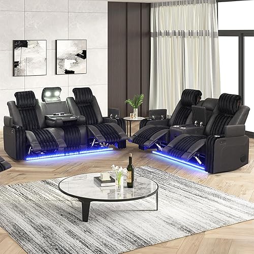 Miniatura 12 de Juego de sofá reclinable eléctrico con luces LED, juego de sofá biplaza y sillón reclinable con reposacabezas y consola eléctrica, soporte para
