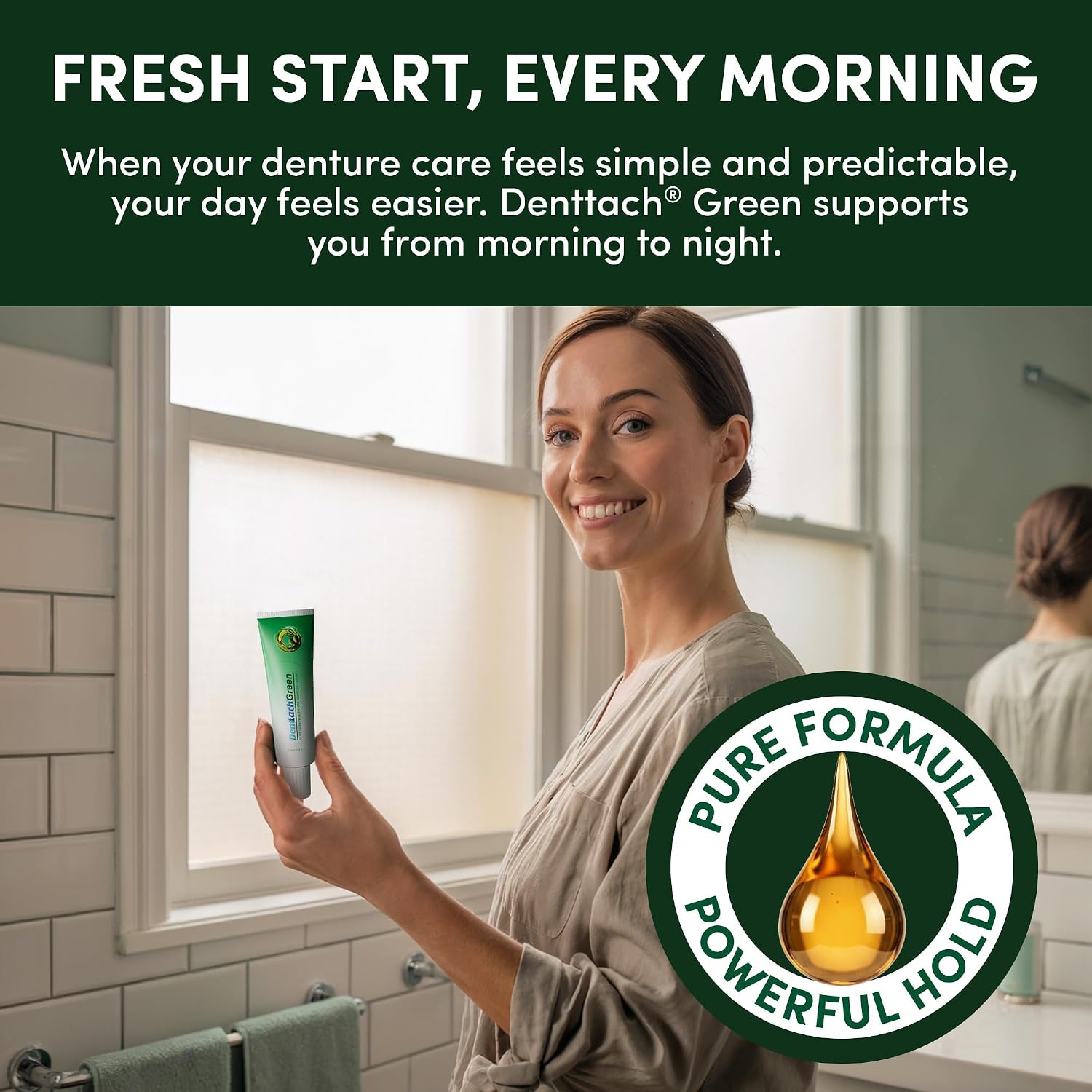 Denttach Green Denture Adhesive, Petroleum Free Olive Oil Based Denture Cream for Full and Partial Dentures, All Day Secure Hold Premium Denture Glue, Zinc Free, 2.4 Ounce